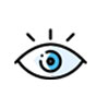 A simple, stylized illustration of an eye resembling that of a veterinarian's attentive gaze. The eye has a blue iris and a black pupil, with three small lines radiating above it, giving the impression of alertness or focus. The overall design is minimalistic with clean lines.