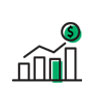 A stylized line and bar graph icon with three bars of varying heights. The line graph ascends from the first bar, peaks at the second, and continues upward past the third. A dollar sign is enclosed in a circle at the line’s highest point, symbolizing an increase in value or profit—perfect for a veterinarian tracking clinic growth.