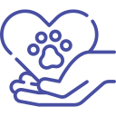 A blue icon of a house with a large heart in the center, symbolizing home, love, and care. The design is simple and rendered in a solid blue color, perfect for representing veterinary clinics or vet services.