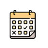 A simple, stylized calendar icon with a yellow top and a grid of squares below. One square has a checkmark, another has an "X". The bottom right corner of the calendar appears slightly folded, reminiscent of scheduling vet appointments against a plain white background.