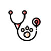 A minimalist icon featuring a stethoscope intertwined with a paw print, symbolizing veterinarian care or pet health services. The design includes red accents, providing a touch of color to the black and white drawing.