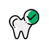 An illustration of a white tooth with a green checkmark in a green circle overlaying the top right corner, often seen in vet clinics to signify approved dental health for pets. The background is plain white.