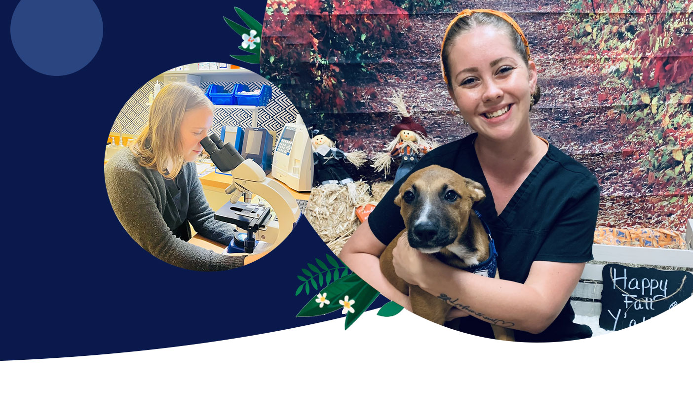 A smiling person in a black top holds a small brown dog while sitting in front of a fall-themed backdrop. To the left, an inset circular image shows another person, possibly a veterinarian, using a microscope. The background features leaves and white flowers.